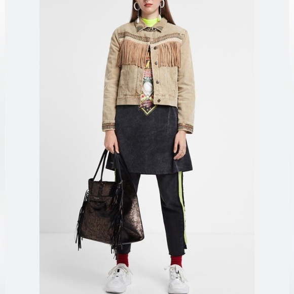 Desigual Western Fringe Embroidered Corduroy Jacket NWOT Boho Fleece lined - Picture 3 of 15